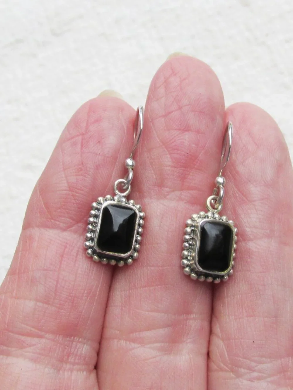 Vintage Sterling Silver Black Hematite Small Square Dangle Earrings